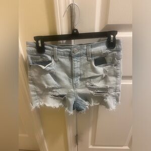 mudd flx stretch high rise shortie light wash ripped jean shorts